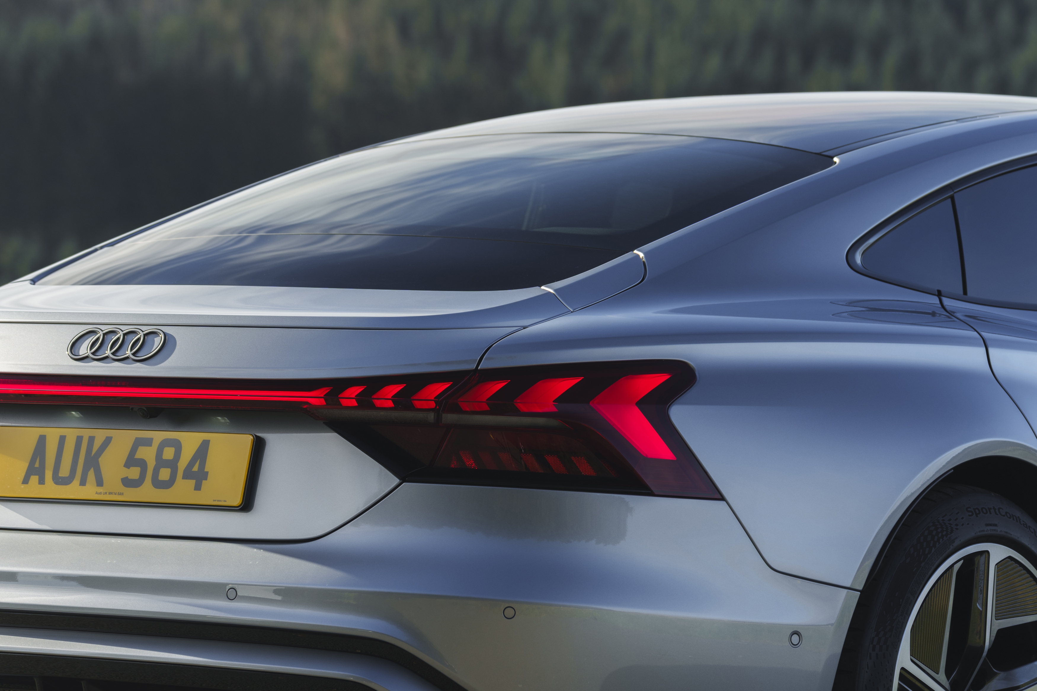 Close-up of the rear of a silver Audi electric car, showing its illuminated LED taillights and panoramic glass roof
