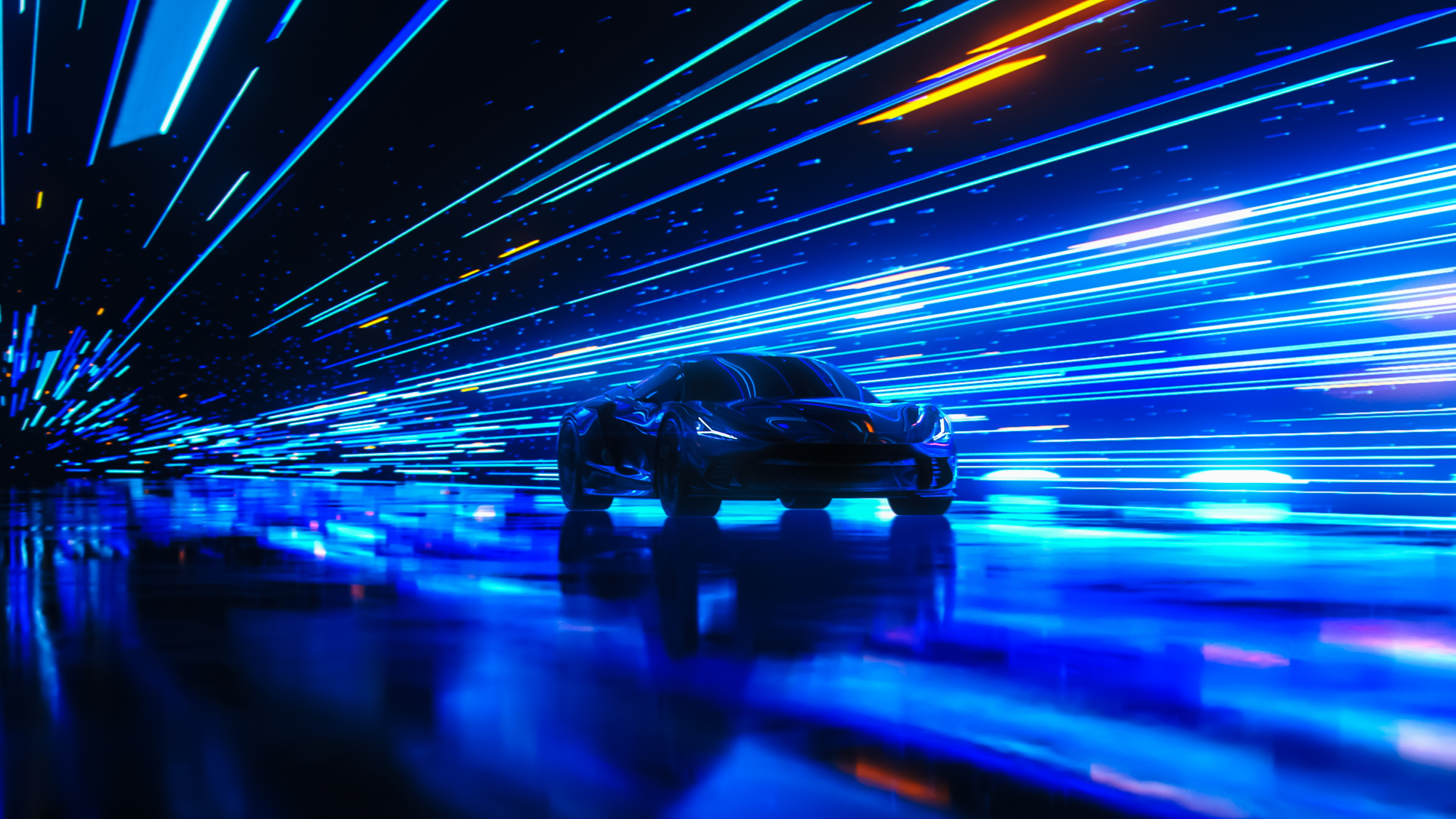 3D Car Model: Sports Car Driving at on a Wet Road on High Speed, Racing Through the Colourful Tunnel with Lights Reflecting Everywhere. Dark Supercar Driving Fast on Highway. VFX on Image. 